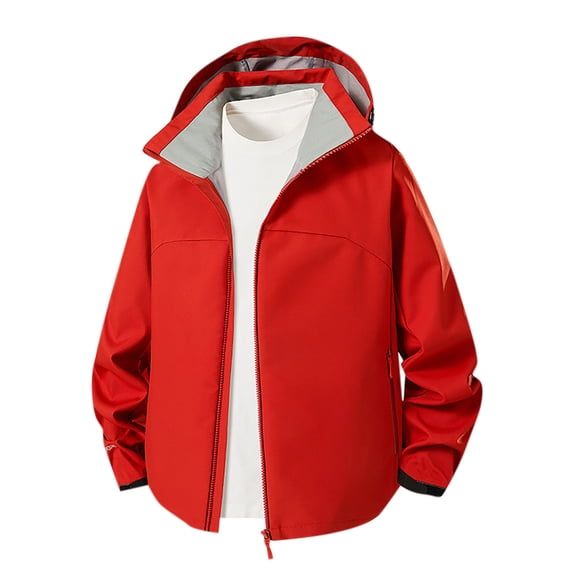 bbymog Lightweight Rain Jacket Men Solid Color Outdoor Hooded Windbreaker Jackets Long Sleeve Lapel Sport Coat with Pockets Red L