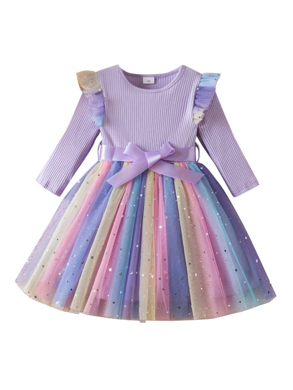 Little Girl Dresses with Belt Girls' Fashion Fluffy Birthday Princess Dress Fall Winetr Baby Girl Clothes Purple 2 Years