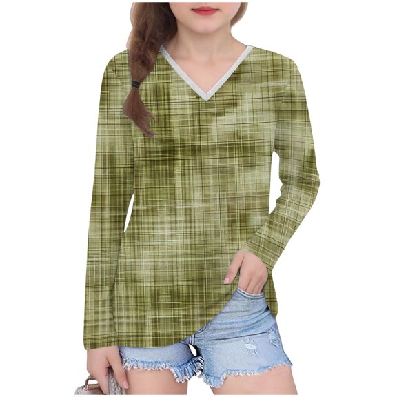 bbymog Long Sleeve Girls Shirts Fashion Printed Casual V Neck Pullover Tops Girls Tshirts Green C 5 Years