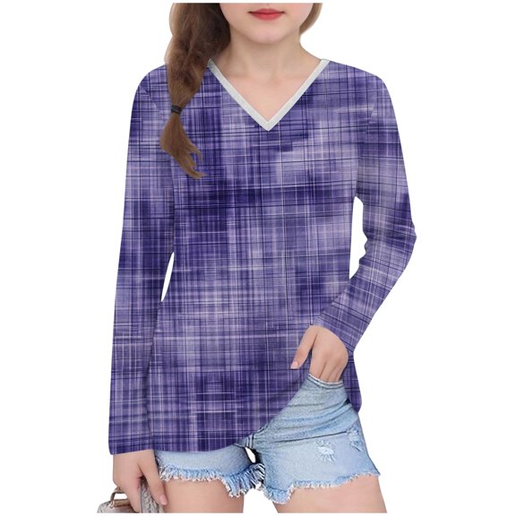 bbymog Long Sleeve Girls Shirts Fashion Printed Casual V Neck Pullover Tops Girls Tshirts Purple C 9 Years