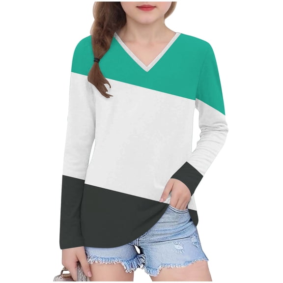 bbymog Long Sleeve Shirts for Girls Fashion Patchwork V Neck Pullover Tops Casual Girls Tshirts Mint Green B 9 Years