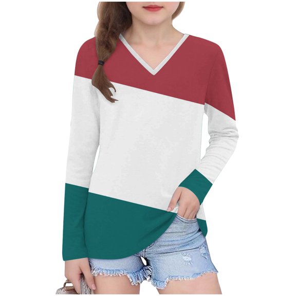 bbymog Long Sleeve Shirts for Girls Fashion Patchwork V Neck Pullover Tops Casual Girls Tshirts Pink B 9 Years
