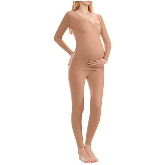bbymog Maternity Nursing Pajamas Solid Color Long Sleeve Nursing Top with Long Pants Winter Warm Maternity Clothes Brown B L