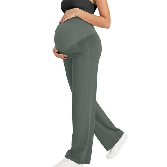 bbymog Maternity Pants for Work Solid Color Casual Maternity Wide Leg Pants High Waisted Pregnancy Pants for Women Green-3 L