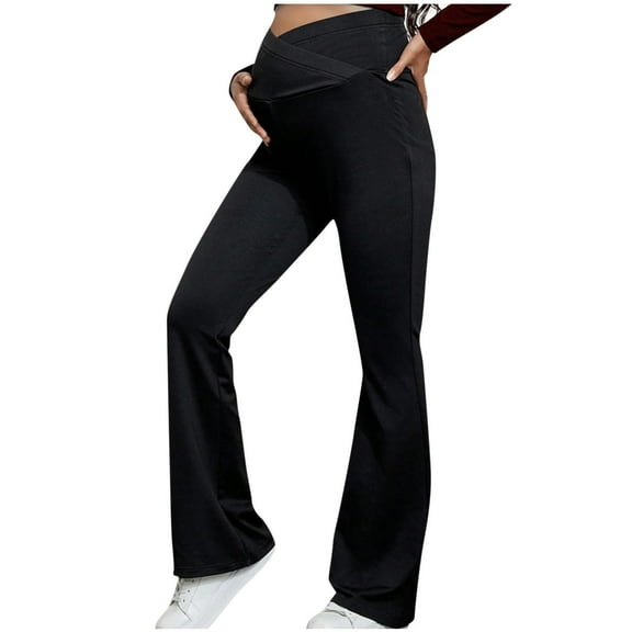 bbymog Maternity Pants for Work Solid Color Elastic Waist Flare Pregnancy Pants Cotton Maternity Dress Pants Black C XL