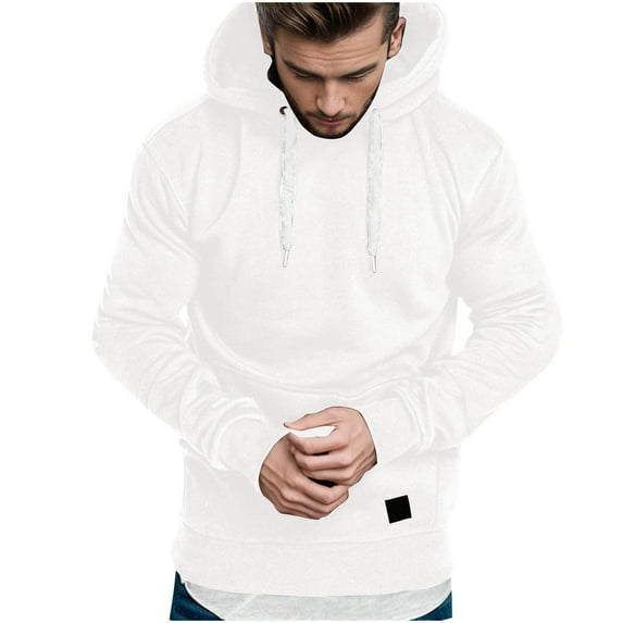 bbymog Men Hoodie Fall Winter Plus Size Casual Sweatshirts Solid Color Long Sleeve Loose Pullover Hoodies with Drawstring White D XXXL