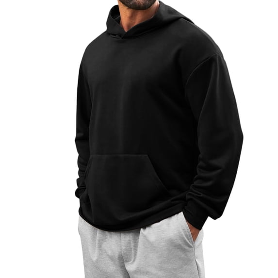 bbymog Men Hoodie Fall Winter Oversized Long Sleeve Workout Pullover Top Casual Loose Solid Color Hooded Sweatshirt with Pocket Black XL