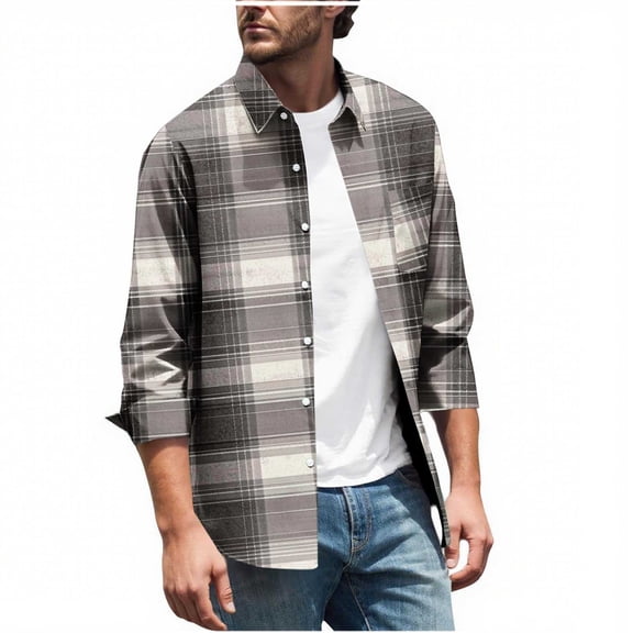 bbymog Men Shirts Fashion Plaid Printed Lapel Button Up Shirt Long Sleeve Plus Size Casual Blouse with Pocket Brown L