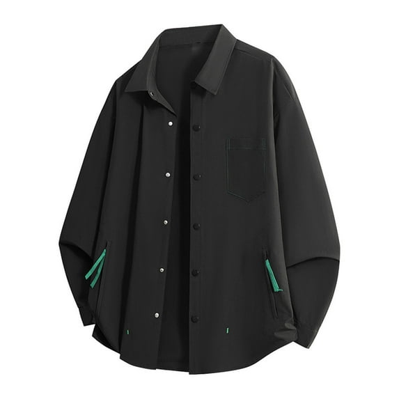 bbymog Men's Clothing Solid Color Turndown Collar Shirt Baggy Lightweight Oversized Jacket Long Sleeve Cardigan Caot with Button Black B XL