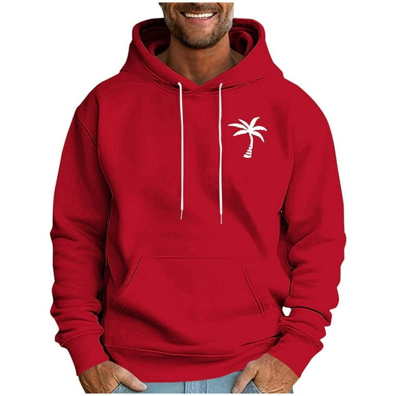 bbymog Men's Fashion Hoodies & Sweatshirts Printed Long Sleeve Pullover Top Plus Size Solid Color Clothes with Pocket Red B M