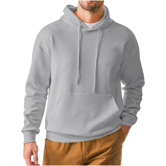 bbymog Men's Hoodies Plus Size Solid Color Pullover Tops Casual Comfy Long Sleeve Hooded Sweatshirts with Drawstring Gray B S