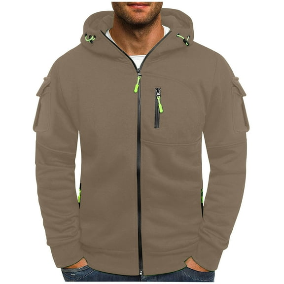 bbymog Mens Hoodie Casual Plus Size Sweatshirt with Pocket Full-Zip Long Sleeve Hooded Sweatshirt Sweat Shirts Mens Adult Brown S