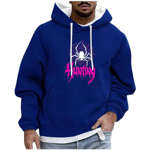 bbymog Mens Hoodies Christmas Printed Oversized Pullover Tops Casual Long Sleeve Hooded Sweatshirts with Drawstring Blue L