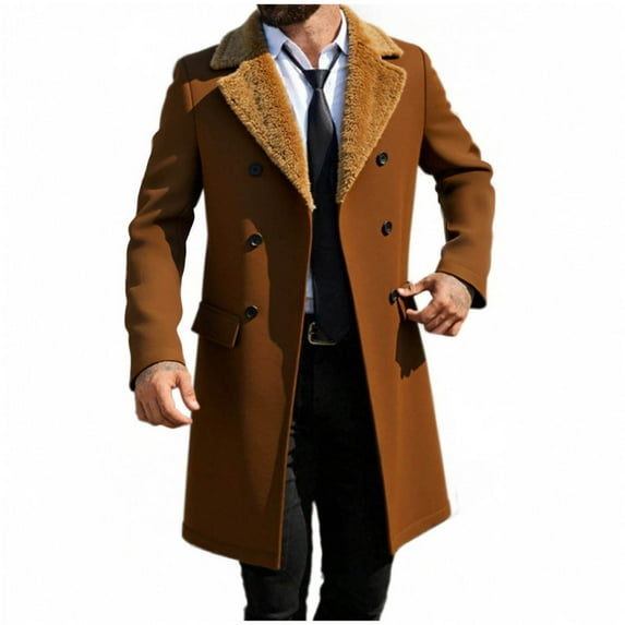 bbymog Mens Jacket Casual Solid Color Long Sleeve Windbreaker Warm Winter Pea Coat Double Breasted Lapel Trench Coat with Pockets Brown XL