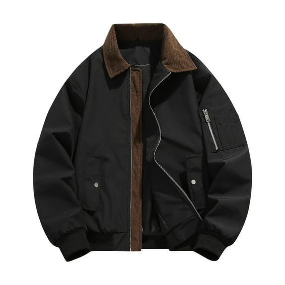 bbymog Mens Jacket Plus Size Solid Color Full Zip Cardigan Jackets Comfy Long Sleeve Turn-Down Collar Coat with Pocket Black A XXL