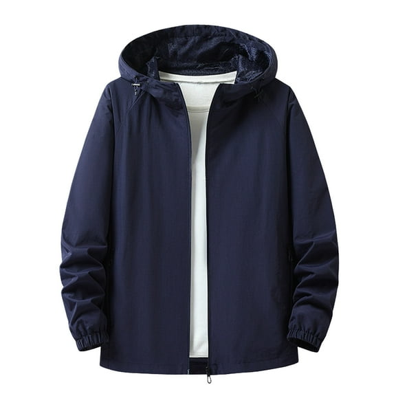 bbymog Mens Jacket Solid Color Long Sleeve Hooded Winter Coat Full Zip Oversized Casual Outerwear with Pockets Dark Blue XXXXL