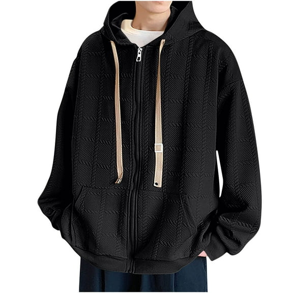 bbymog Mens Jacket Solid Color Vintage Casual Outerwear Full Zip Long Sleeve Hooded Oversized Winter Jackets with Pocket Black A XL