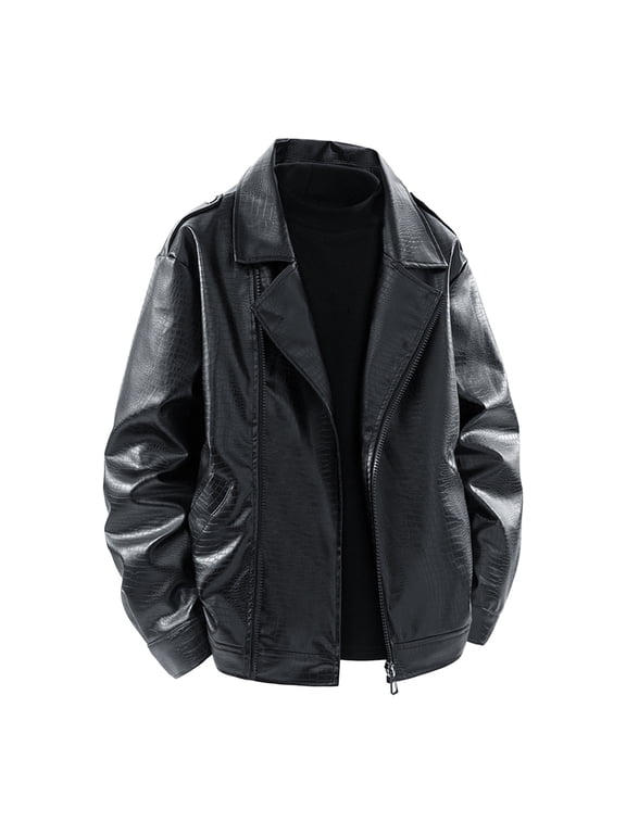 Mens Leather Jacket Fashion Long Sleeve Turn Down Collar Oversized Outerwear Solid Color Motorcycle Bomber Jackets with Zipper Black B L