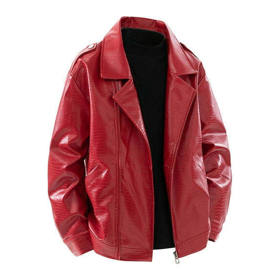 bbymog Mens Leather Jacket Fashion Long Sleeve Turn Down Collar Oversized Outerwear Solid Color Motorcycle Bomber Jackets with Zipper Red XXXL
