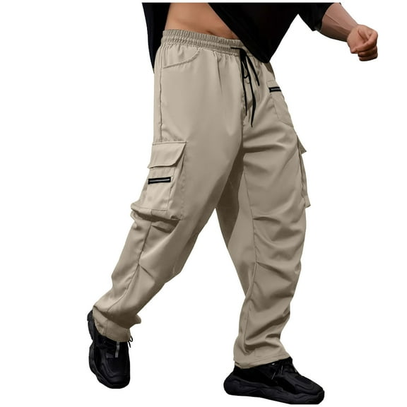 bbymog Mens Pants Solid Color Elastic Waist Cargo Pants Comfy Casual Stretch Lightweight Sweatpants with Drawstring Khaki F M
