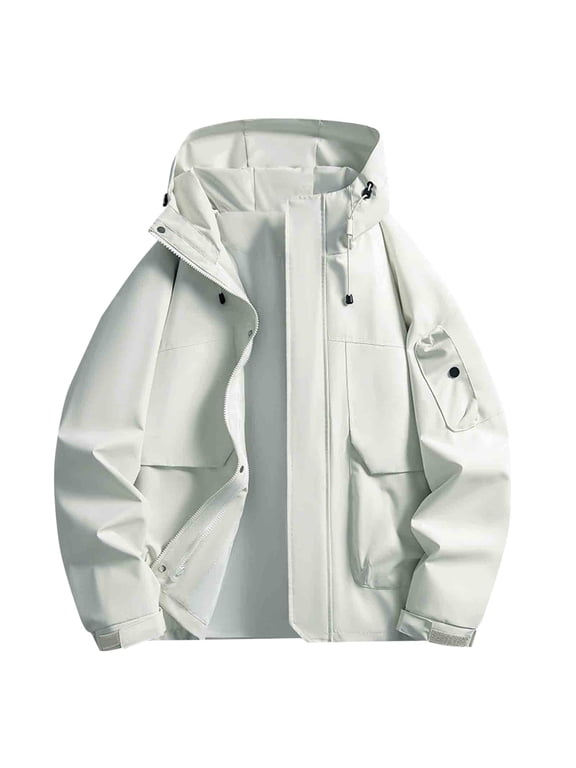 Mens Rain Jacket 2025 Winter Solid Color Stretch Outdoor Sport Coat Full Zip Long Sleeve Hooded Waterproof Jackets with Pocket White M