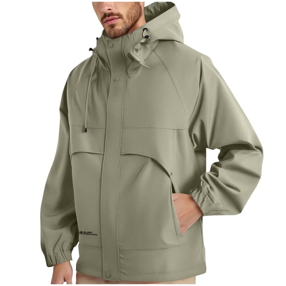 bbymog Mens Rain Jackets Waterproof with Hood Solid Color Fall Zip Coat Long Sleeve Plus Size Wind Breaker Jacket with Drawstring Khaki XXXXL