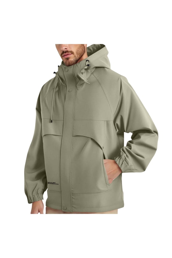 Mens Rain Jackets Waterproof with Hood Solid Color Fall Zip Coat Long Sleeve Plus Size Wind Breaker Jacket with Drawstring Khaki XXXXL