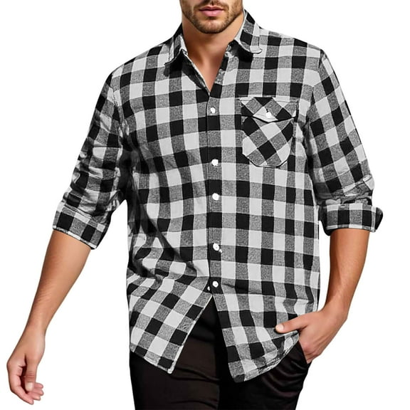 bbymog Mens Shirts Fashion Plaid Printed Turndown Collar Blouse Long Sleeve Casual Button Down Shirt with Pocket Black XXL