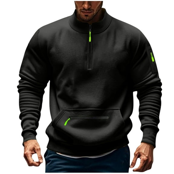 bbymog Mens Sweatshirt Long Sleeved Stand Up Collar Breathable Pullover Top Solid Color Casual Sweat Shirts Cargo Clothes with Pocket Black XXXL