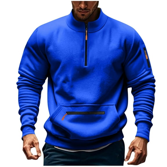 bbymog Mens Sweatshirt Long Sleeved Stand Up Collar Breathable Pullover Top Solid Color Casual Sweat Shirts Cargo Clothes with Pocket Blue S