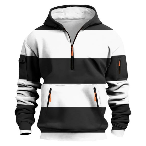 bbymog Mens Sweatshirt Stripe Print Zipper Outdoor Sports Hoodie Long Sleeve Plus Size Casual Pullover Top with Pocket Black XXXXXL
