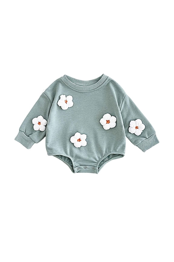Newborn Girls Romper Fashion Cute Flower Bubble Romper Jumpsuit Boys Crewneck Long Sleeve Sweatshirt Rompers Green 6 Months