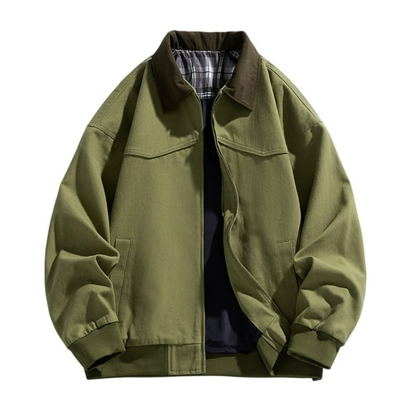 bbymog Plus Size Mens Jacket Solid Color Long Sleeve Casual Outerwear Full Zip Turn-Down Collar Winter Coat with Pocket Army Green XXXL
