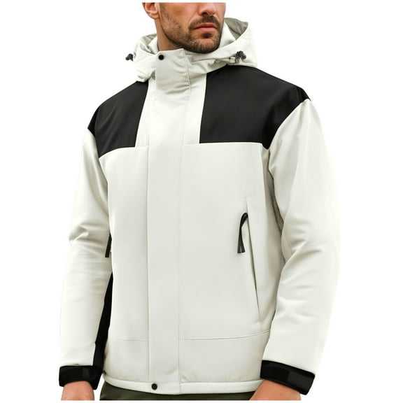 bbymog Plus Size Rain Jackets for Men Casual Solid Color Hooded Coats with Zipper Plus Size Long Sleeve Winter Jacket for Outdoor Workout White B XXXL