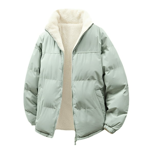 bbymog Puffer Jacket Men Solid Color Long Sleeve Oversized Winter Coat Full Zip Stand Up Collar Fleece Casual Outerwear with Pocket Mint Green M
