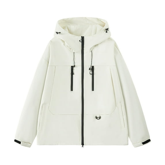 bbymog Rain Jacket Men Fall Winter Solid Color Oversized Fashion Jackets Long Sleeve Zip Up Hooded Outerwear with Pockets Beige XXL