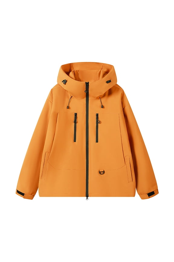 Rain Jacket Men Fall Winter Solid Color Oversized Fashion Jackets Long Sleeve Zip Up Hooded Outerwear with Pockets Orange XXL