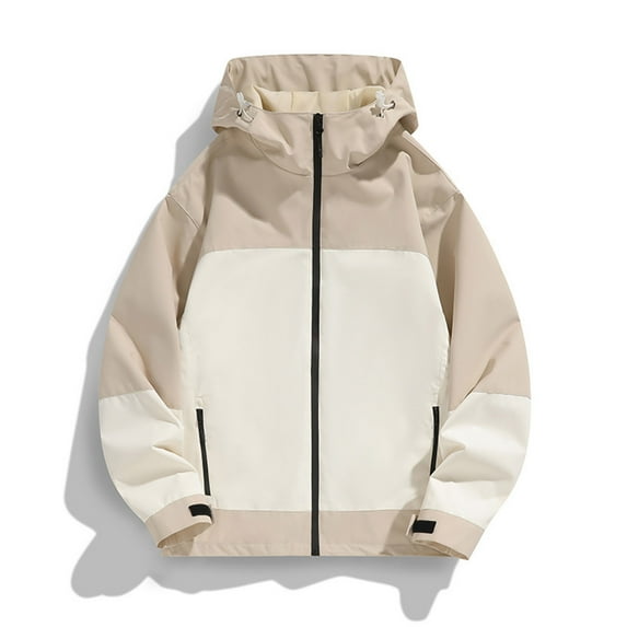 bbymog Rain Jacket Men Fashion Patchwork Plus Size Sport Raincoat Full Zip Long Sleeve Hooded Casual Windbreaker with Pockets Khaki A L