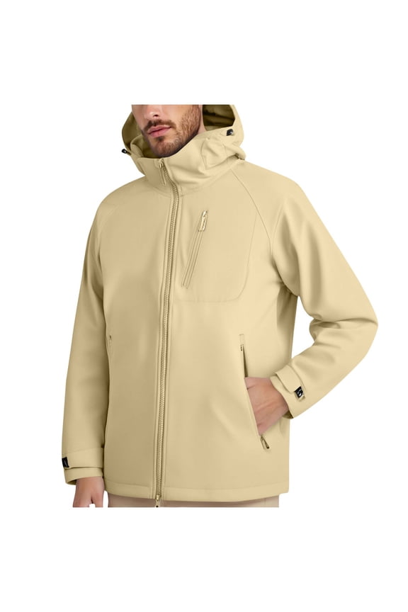 Rain Jacket Men Solid Color Windproof Outerwear Long Sleeve Zip Up Hooded Raincoat Outdoor Hiking Fishing Oversized Windbreaker Beige XXL