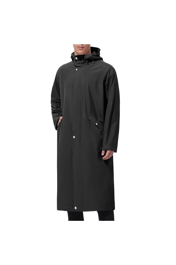 Rain Jacket Men Waterproof Lightweight Long Hood Jacket Outerwear Solid Color Long Sleeve Casual Oversized Raincoat with Pockets Black S
