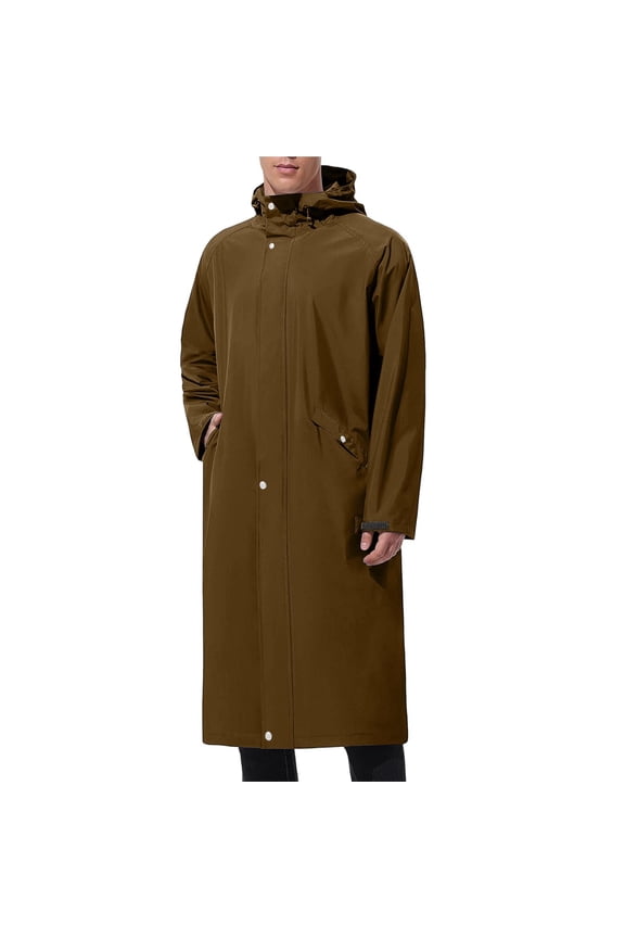 Rain Jacket Men Waterproof Lightweight Long Hood Jacket Outerwear Solid Color Long Sleeve Casual Oversized Raincoat with Pockets Brown S