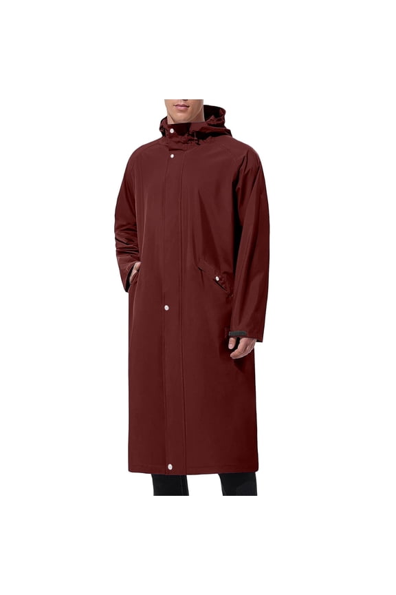 Rain Jacket Men Waterproof Lightweight Long Hood Jacket Outerwear Solid Color Long Sleeve Casual Oversized Raincoat with Pockets Wine XXXL