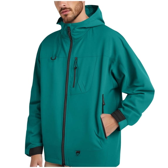 bbymog Rain Jacket Men's Clothing with Pockets Solid Color Windproof Wind Breaker Jackets Plus Size Zip Up Hooded Raincoat Green A XL