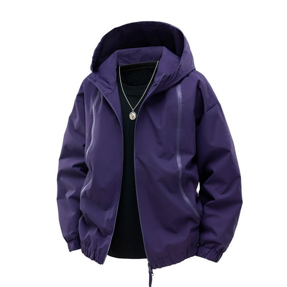 bbymog Raincoat for Men Long Sleeve Zip Up Hooded Windbreaker Solid Color Plus Size Rain Jacket Casual Windproof Outerwear with Pockts Purple S