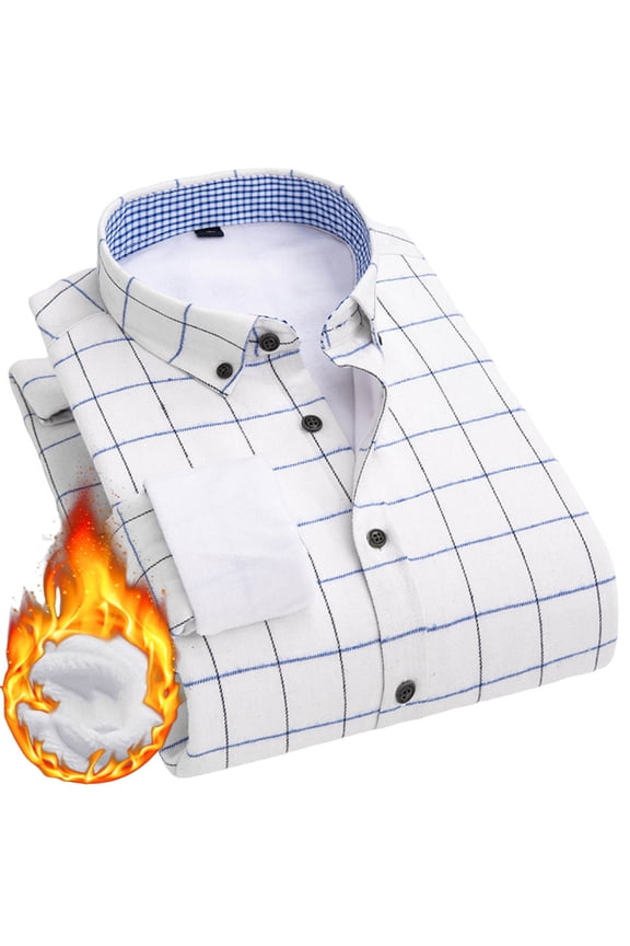 Shirts for Men Lapel Thick Casual Cotton Top Winter Warm Plaid Printed Button Up Shirt Fashion Long Sleeve Plus Size Clothes White M