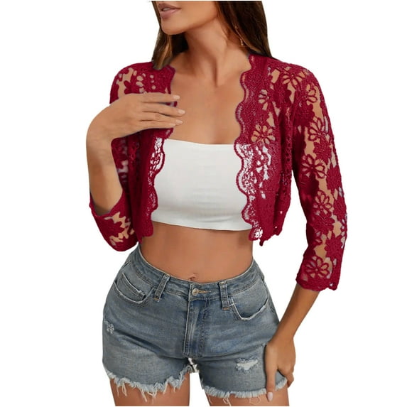 bbymog Short Cardigans for Women 3/4 Sleeve Laec Lightweight Cardigan Casual Shrugs for Women Fall Outfits Clothes Wine XL