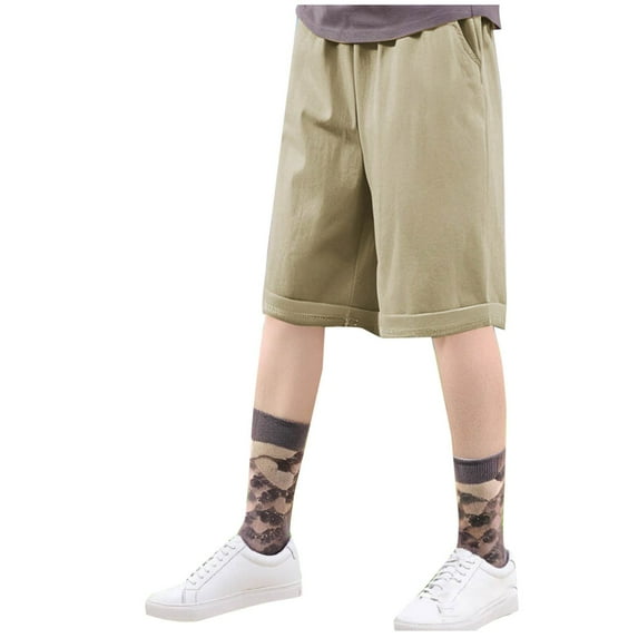 bbymog Shorts for Boys Fashion Solid Color Elastic Waist Thin Summer Workwear Shorts Children's Casual Loose Cropped Pants with Pocket 5-16Years