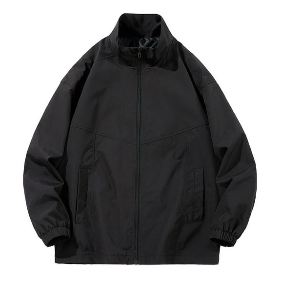 bbymog Sport Coats for Men Solid Color Outdoor Hiking Oversized Jacket Long Sleeve Stand Up Collar Breathable Windbreaker with Pockets Black A XL