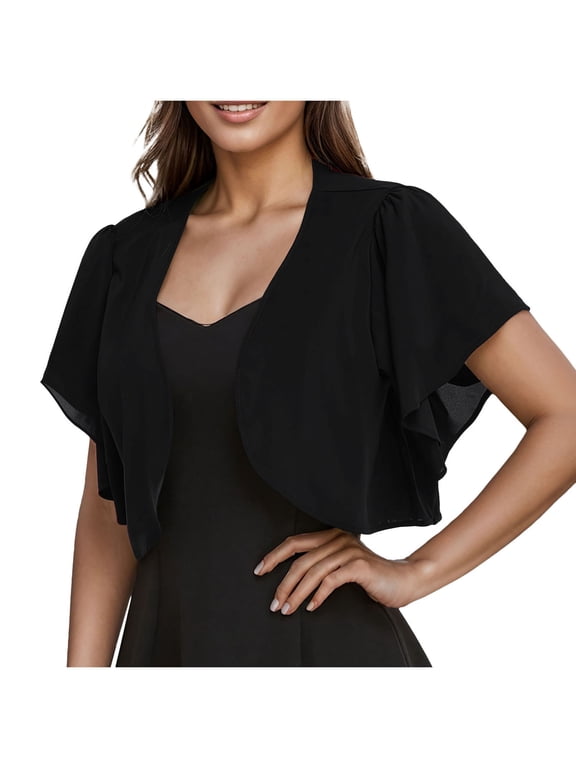 Summer Cardigans for Women Lightweight Chiffon Cardigan Ruffle Short Sleeve Cropped Cardigan Fall Casual Shrugs for Women Dresses Black M