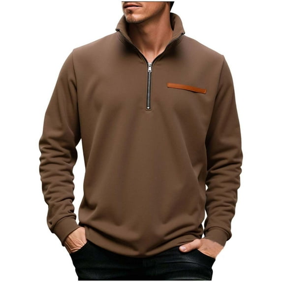 bbymog Sweatshirts for Men Fall Winter Long Sleeve Casual Fashion Sweatshirt Solid Color Stand-Up Collar Quarter Zip Pullover Top Brown XXXL